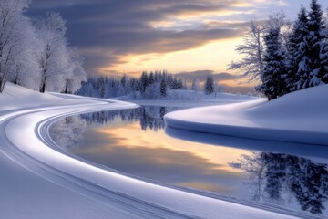 Obraz premium A frozen river in a snowy forest against the background of a sunset sky. The reflection of the trees and the winter landscape in the calm water creates a peaceful atmosphere.
