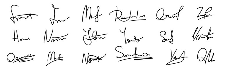 Set vector handwritten signature. Fake autograph in different handwriting. Each signature has its own flair and personality.