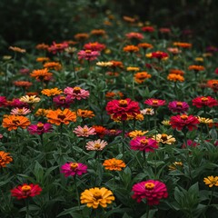 summer Beautiful  bed in a large number various zinnias grow and blossom