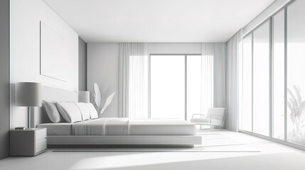 sleek, minimalist hotel room featuring large bed and natural light