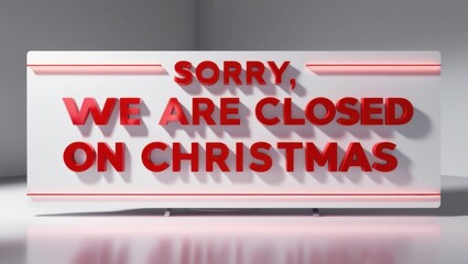 A modern, vibrant, 3D rendered Christmas sign board with a bold, sans-serif font inscription that reads 'Sorry, we are closed on Christmas' in bright, poppy red lettering against a clean, crisp white 