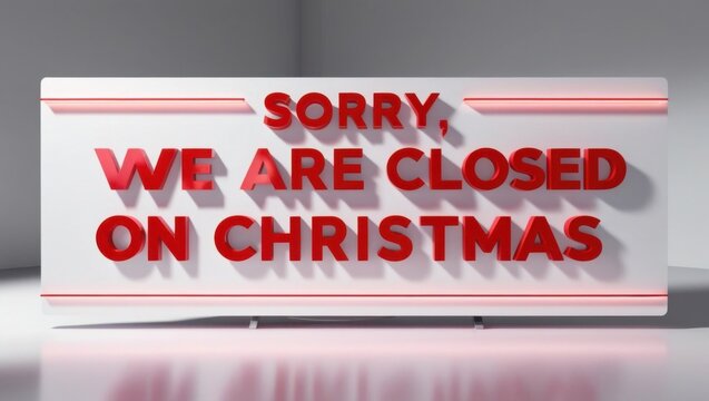 A modern, vibrant, 3D rendered Christmas sign board with a bold, sans-serif font inscription that reads 'Sorry, we are closed on Christmas' in bright, poppy red lettering against a clean, crisp white 