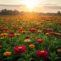 summer Beautiful  bed in a large number various zinnias grow and blossom