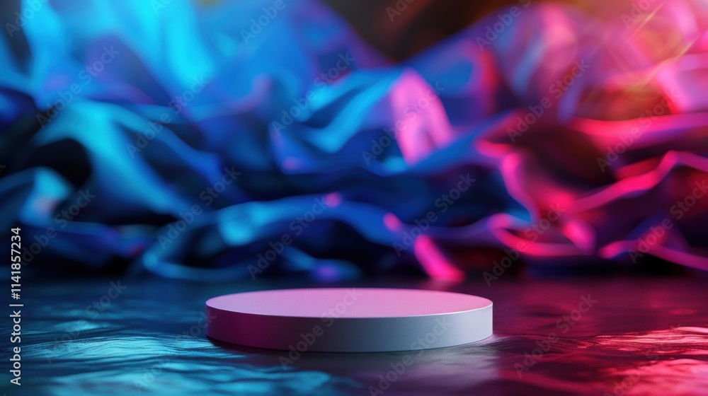 Poster dynamic abstract light display on circular platform vibrant background digital art studio environmen