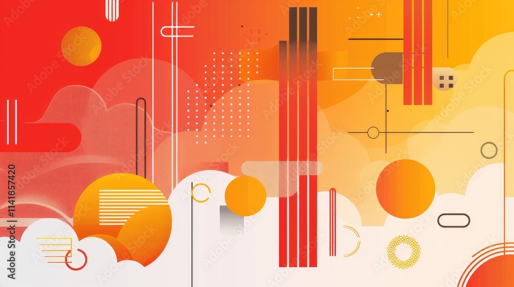 Poster abstract graphic design featuring vibrant colors, shapes, and lines creating a dynamic composition.