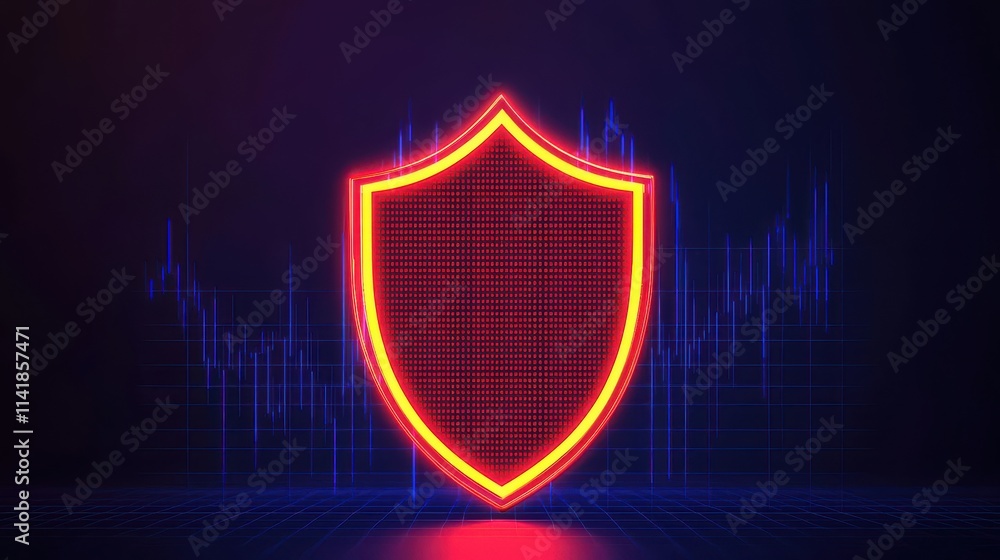 Poster a glowing shield symbol with a digital grid backdrop, representing protection and security in a mode