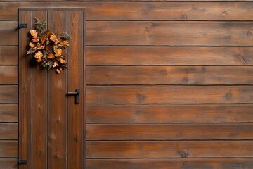 A feather wreath hanging on a rustic wooden door, symbolizing elegance and simplicity in an autumnal setting