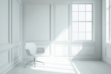 An empty office room, white walls with one window, bright light from the window, minimalist style