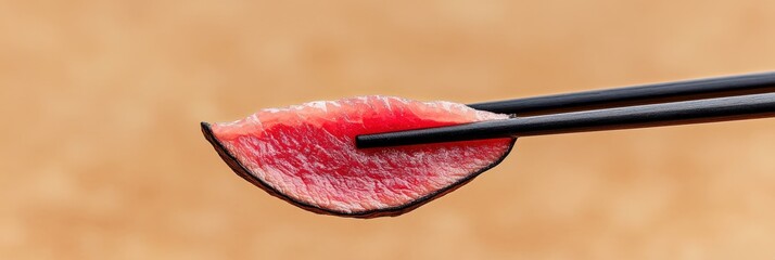 Obraz premium Close-Up of Beef Slice Held by Chopsticks on Neutral Background