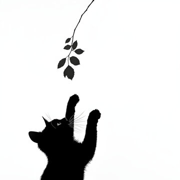recommend clip art: 黒猫のシルエットが葉を掴むミニマルアートイラスト