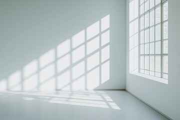 Obraz premium An empty office room, white walls with one window, bright light from the window, minimalist style