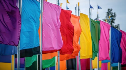 Colorful flags waving in the wind, outdoor event decoration.