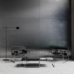 Contemporary minimalism gray interior with metal wall panels, armchairs, coffee tables and terrazzo tile. 3d render illustration mockup.
