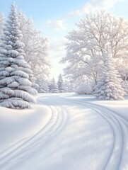 Fototapeta premium A winding road covered with snow passes through a snow-covered winter forest with trees strewn with snow. Beautiful winter landscape with blue sky.