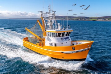 A fishing trawler navigating rough seas, with seagulls flying overhead and nets visible on the deck
