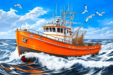 Obraz premium A fishing trawler navigating rough seas, with seagulls flying overhead and nets visible on the deck