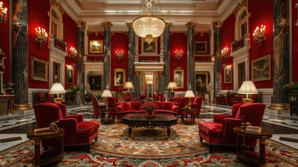 Fototapeta premium Luxurious interior featuring red decor, elegant furniture, and ornate chandeliers.