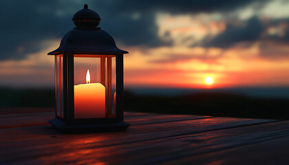 Ramadan Kareem with Eid Mubarak and lantern with candlelight. Ai generative