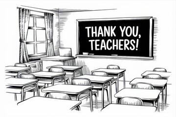 Thank You Teachers Classroom Sketch Showing Desks And Blackboard