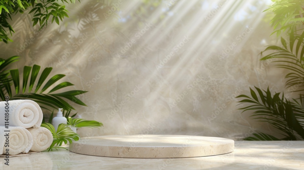 Poster a serene spa-like setting featuring a circular platform amidst lush greenery and soft lighting, crea