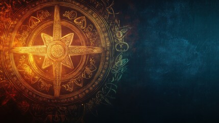 Glowing ancient compass rose with mystic symbols on dark background.