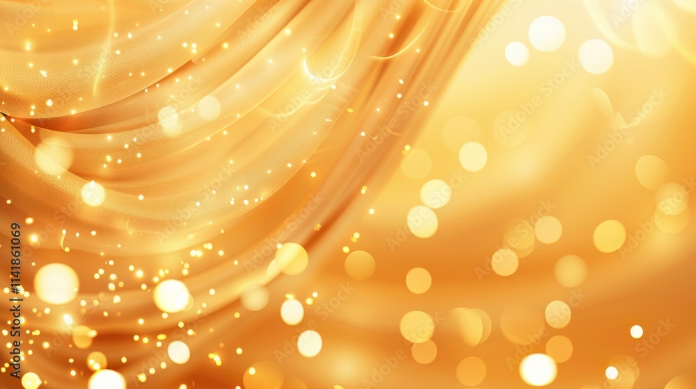 Aufkleber a shimmering golden background with soft fabric drapes and sparkling bokeh lights creates an elegant