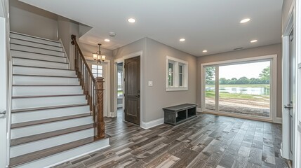 Fototapeta premium Modern entryway with stairs, natural light, and a view of a lake.