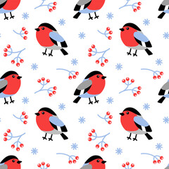 Seamless pattern with cartoon bullfinch, branches with red berries and snowflakes on white background. Winter pattern for print, fabric, wrapping paper.