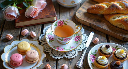 Elegant Tea Time Setting with Floral Teacup, Assorted Macarons, and Pastries Perfect for Afternoon Delight and Cozy Gatherings