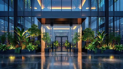 Fototapeta premium Modern entrance with lush greenery and glass facade, creating a welcoming atmosphere.