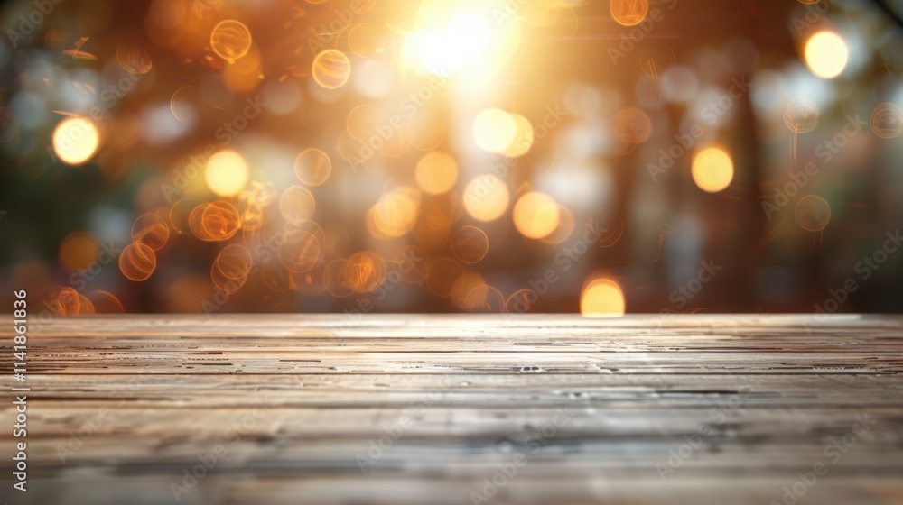 Poster a serene wooden table illuminated by warm sunlight, creating a bokeh effect with soft, glowing circl