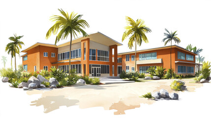Fototapeta premium coastal school building with beachfront location, surrounded by palm trees and rocks