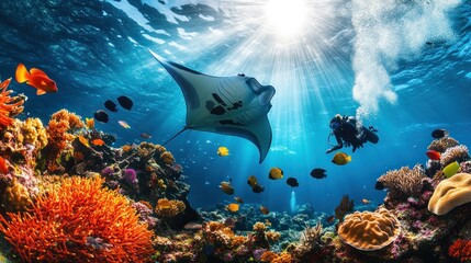 Fototapeta premium Underwater coral reef scene with manta ray and diver. Sunlight streams through the water, illuminating vibrant coral and colorful fish.