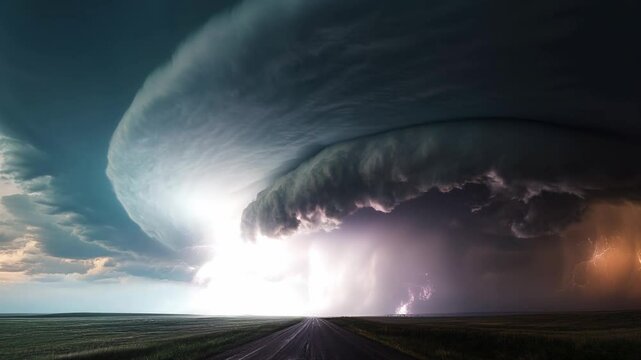 Dramatic supercell storm cloud with lightning over rural landscape and dark road. Weather and nature video.