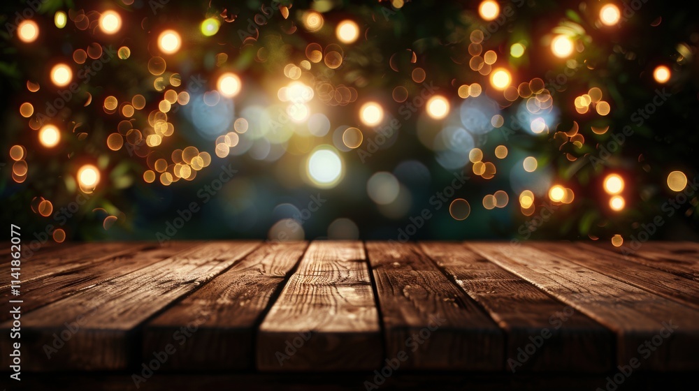 Poster a warm, illuminated backdrop with glowing bokeh lights and a rustic wooden table, creating a cozy an