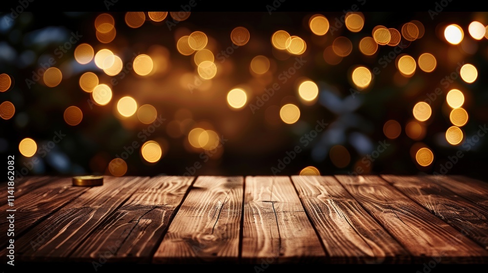 Poster a wooden table illuminated by soft, warm bokeh lights in the background, creating a cozy and invitin
