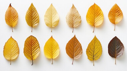 Fototapeta premium Autumn leaves in various stages of decay arranged in a grid pattern on a white surface.
