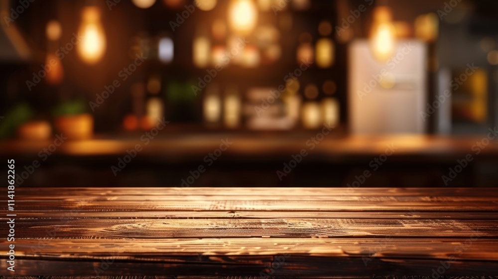 Poster a warm, illuminated bar scene featuring a wooden table with a blurred background of bottles and ligh