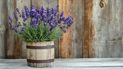Fototapeta premium A lavender plant growing out of a cracked wooden barrel, isolated against a rustic farmyard backdrop