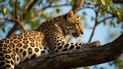 Leopard calmly lying on a tree against green foliage