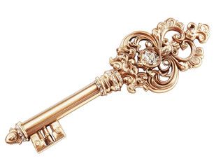 Ornate Gold Key with Decorative Scrollwork and Gemstone Isolated on White Background