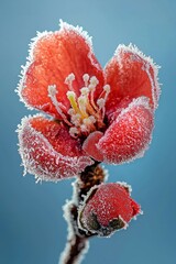 Red plum blossoms frozen with crystal clear ice