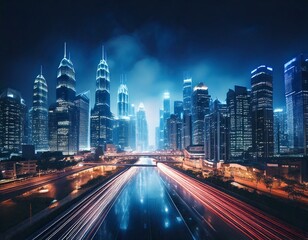 Fototapeta premium Modern city with city scape concept. Wireless network and Connection technology concept with city background at night. Nighttime view of a technologically advanced city.