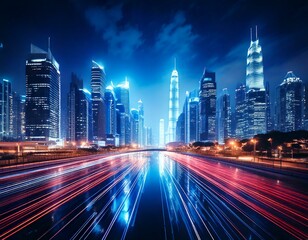 Obraz premium Modern city with city scape concept. Wireless network and Connection technology concept with city background at night. Nighttime view of a technologically advanced city.