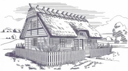 Fototapeta premium Thatched Roof Cottage in a Picturesque Rural Setting