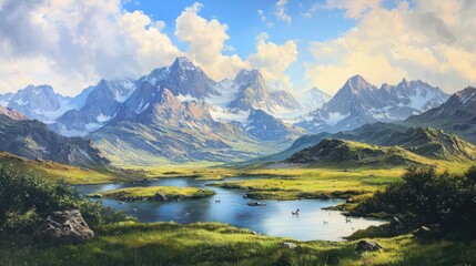 Fototapeta premium Majestic mountain range serenity tranquil river valley digital art lush greenery wide angle nature's beauty