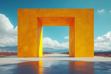 Fototapeta premium Surreal desert landscape with white clouds going into the yellow square portals on sunny day. Modern minimal abstract background