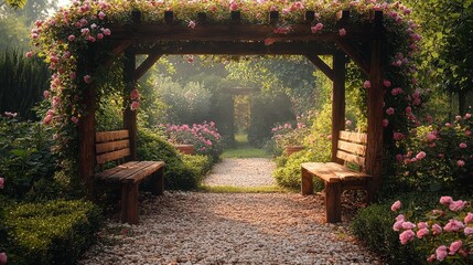 Obraz premium charming rose garden pathway beneath wooden arbor