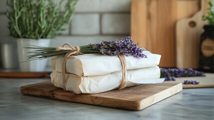 Fresh lavender wrapped in parchment paper, tied with twine, rustic kitchen backdrop with wooden cutting boards