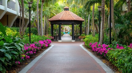 Obraz premium Brick pathway lined with vibrant flowers leads to a gazebo in a lush tropical garden.